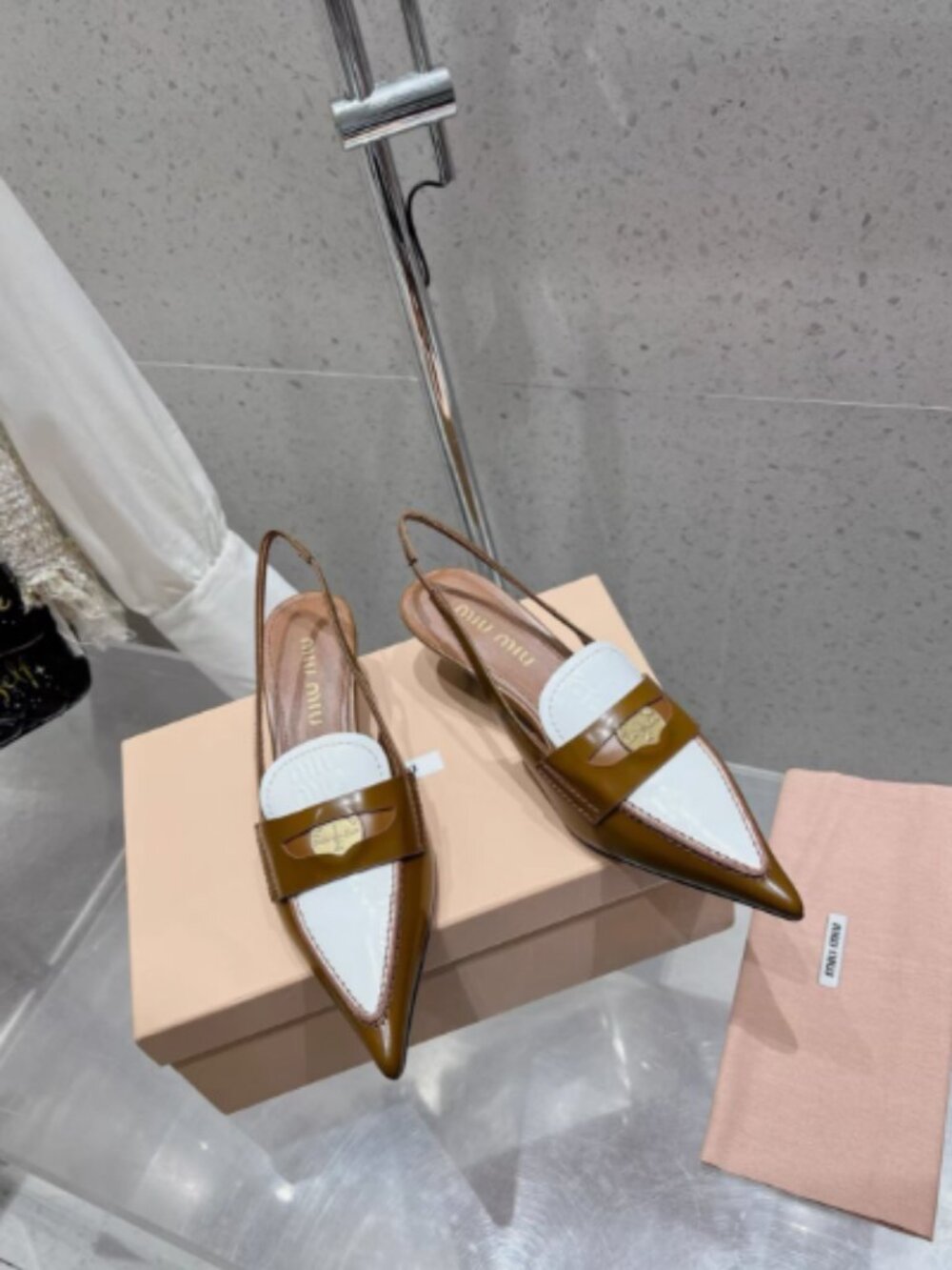 Miu Miu Two-Tone Leather Pointed Toe Slingback Kitten Heels